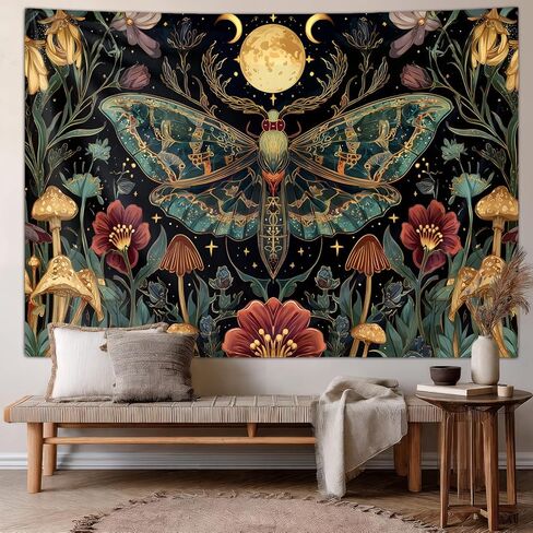 Moth Tapestry Boho Vintage Floral Art Aesthetic Tapestries, Moon Phase Botanical Mushroom Hippie Wall Art Decor Poster Hanging, Backdrop Banner for Bedroom, Living Room Dorm Home Decorations 60Lx40W in Saudi Arabia