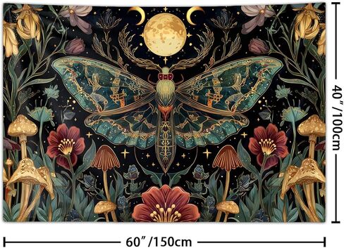Moth Tapestry Boho Vintage Floral Art Aesthetic Tapestries, Moon Phase Botanical Mushroom Hippie Wall Art Decor Poster Hanging, Backdrop Banner for Bedroom, Living Room Dorm Home Decorations 60Lx40W in Saudi Arabia