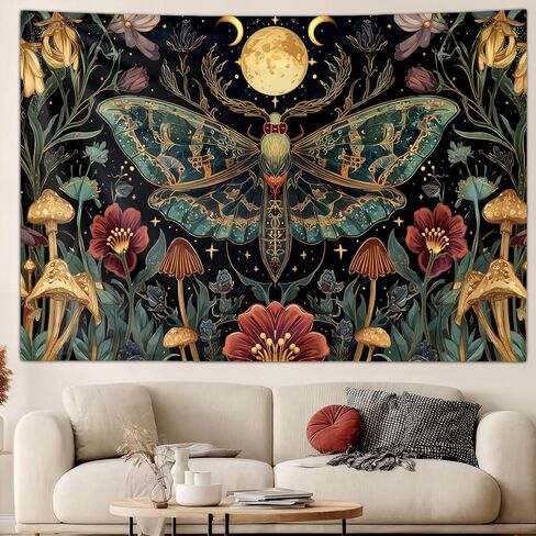 Moth Tapestry Boho Vintage Floral Art Aesthetic Tapestries, Moon Phase Botanical Mushroom Hippie Wall Art Decor Poster Hanging, Backdrop Banner for Bedroom, Living Room Dorm Home Decorations 60Lx40W in Saudi Arabia