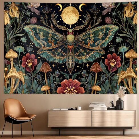 Moth Tapestry Boho Vintage Floral Art Aesthetic Tapestries, Moon Phase Botanical Mushroom Hippie Wall Art Decor Poster Hanging, Backdrop Banner for Bedroom, Living Room Dorm Home Decorations 60Lx40W in Saudi Arabia