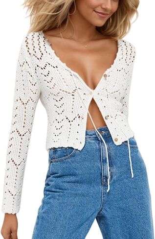 Women Tie Up Hollow Out Knit Crop Cardigan Sexy V Neck Long Sleeve See Through Solid Button Down Crochet Top in Kuwait