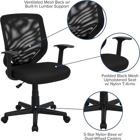 Flash Furniture Norris Mid-Back Mesh Tapered Back Swivel Task Office Chair with T-Arms, Ergonomic Padded Mesh Swivel Computer Chair, Black in Kuwait