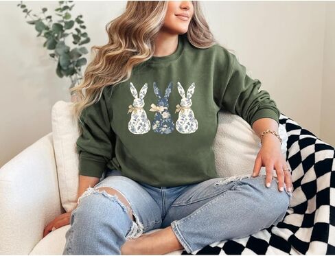 Up2ournecksinfabric, Floral Bunny Sweatshirt, Womens Easter Sweatshirt Green in Saudi Arabia