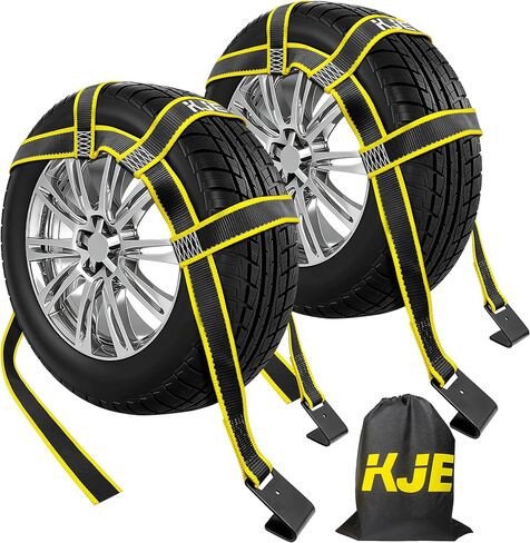 KJE 2 حزمة من الأشرطة العاكسة للسحب شديدة التحمل، أشرطة سلة سحب السيارة مع خطاف مسطح، قوة كسر 10.000 رطل، تناسب عجلات الإطارات مقاس 14 بوصة - 19 بوصة لمقطورة نقل السيارة in Kuwait