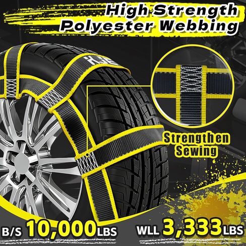 KJE 2 حزمة من الأشرطة العاكسة للسحب شديدة التحمل، أشرطة سلة سحب السيارة مع خطاف مسطح، قوة كسر 10.000 رطل، تناسب عجلات الإطارات مقاس 14 بوصة - 19 بوصة لمقطورة نقل السيارة in Kuwait