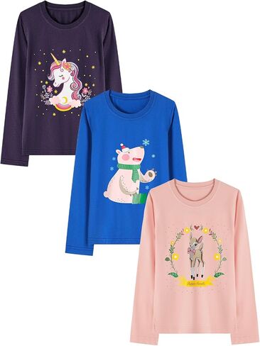 Girl's 3-Piece Long Sleeved T-Shirt with Animal Print Casual Round Neck, Suitable for Young Children, Sizes 4-12Y in Saudi Arabia