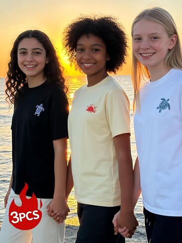 Girls Graphic T-Shirt 3-Pack, Printed Short Sleeve Crewneck Tees for Kids 8–14 in Saudi Arabia