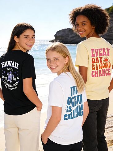 Girls Graphic T-Shirt 3-Pack, Printed Short Sleeve Crewneck Tees for Kids 8–14 in Saudi Arabia