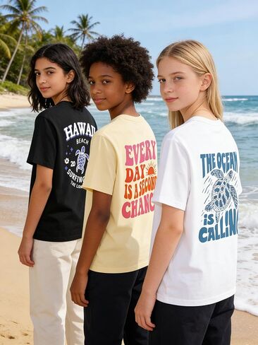 Girls Graphic T-Shirt 3-Pack, Printed Short Sleeve Crewneck Tees for Kids 8–14 in Saudi Arabia