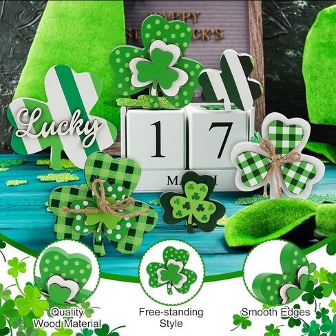 6Pcs St. Patrick's Day Table Wooden Sign Shamrock Wooden Signs Green Shamrock Tabletop Decoration Lucky Clover Table Centerpieces Wood Blocks Irish Tiered Tray Decor for Home Office Kitchen Shelf in Saudi Arabia