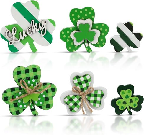 6Pcs St. Patrick's Day Table Wooden Sign Shamrock Wooden Signs Green Shamrock Tabletop Decoration Lucky Clover Table Centerpieces Wood Blocks Irish Tiered Tray Decor for Home Office Kitchen Shelf in Saudi Arabia