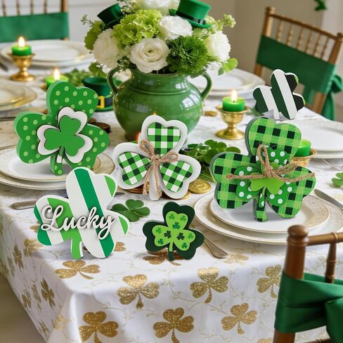 6Pcs St. Patrick's Day Table Wooden Sign Shamrock Wooden Signs Green Shamrock Tabletop Decoration Lucky Clover Table Centerpieces Wood Blocks Irish Tiered Tray Decor for Home Office Kitchen Shelf in Saudi Arabia