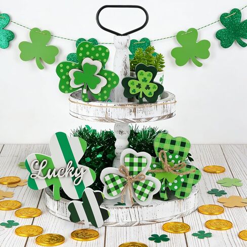 6Pcs St. Patrick's Day Table Wooden Sign Shamrock Wooden Signs Green Shamrock Tabletop Decoration Lucky Clover Table Centerpieces Wood Blocks Irish Tiered Tray Decor for Home Office Kitchen Shelf in Saudi Arabia