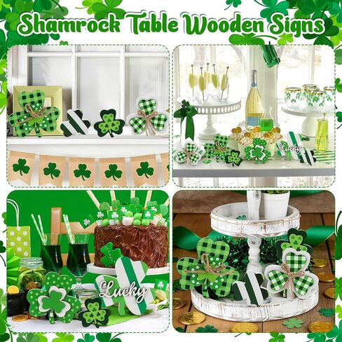 6Pcs St. Patrick's Day Table Wooden Sign Shamrock Wooden Signs Green Shamrock Tabletop Decoration Lucky Clover Table Centerpieces Wood Blocks Irish Tiered Tray Decor for Home Office Kitchen Shelf in Saudi Arabia