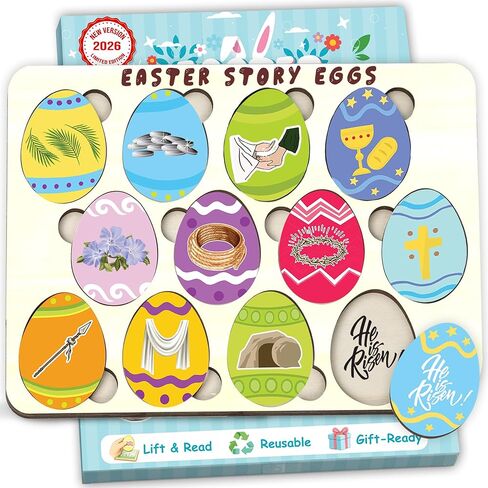Resurrection Easter Story Eggs - 12 Wooden 2D Egg Set with Meaningful Symbols - Christian Easter Basket Stuffer for Kids, Christian Easter Gifts for Kids, Toddler (Upgraded Edition) in Saudi Arabia