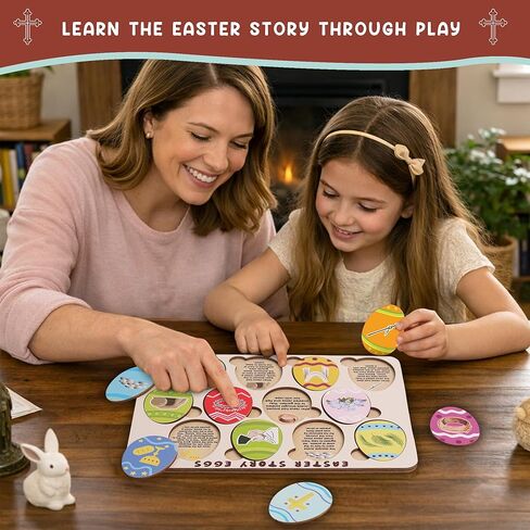 Resurrection Easter Story Eggs - 12 Wooden 2D Egg Set with Meaningful Symbols - Christian Easter Basket Stuffer for Kids, Christian Easter Gifts for Kids, Toddler (Upgraded Edition) in Saudi Arabia
