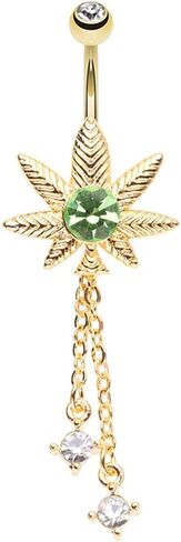 Pierced Owl 14GA Gold Plated Stainless Steel Light Green CZ Crystal Pot Leaf with Dangling Chains Belly Button Ring in Saudi Arabia