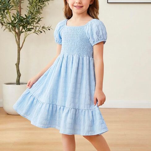 Girls Smocked Summer Dress Short Sleeve Square Neck Puff Sleeve Textured Tiered Ruffle Hem Casual Party Photo Outfit in Saudi Arabia