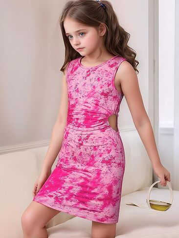 Girls Crew Neck Sleeveless Ruched Tie-Dye Holiday Party Summer Casual Bodycon Pencil Dresses 12-13 Years in Saudi Arabia