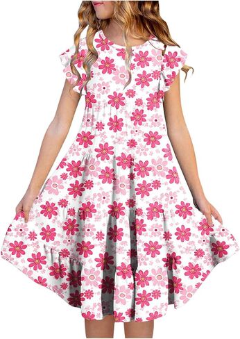 Dresses for Girls 10-12 Spring Summer Cute Crewneck Floral Dress Tween Beach Boho Graphic Short Sleeve Dress Kids in Saudi Arabia