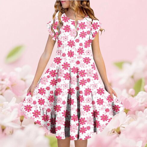 Dresses for Girls 10-12 Spring Summer Cute Crewneck Floral Dress Tween Beach Boho Graphic Short Sleeve Dress Kids in Saudi Arabia