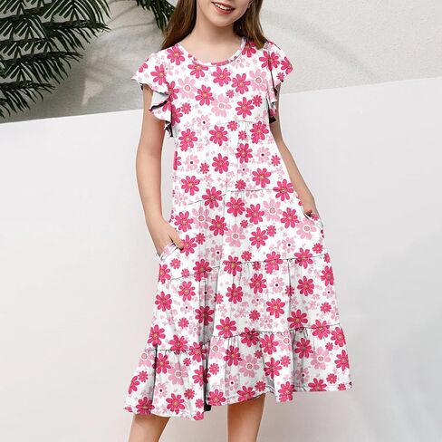 Dresses for Girls 10-12 Spring Summer Cute Crewneck Floral Dress Tween Beach Boho Graphic Short Sleeve Dress Kids in Saudi Arabia
