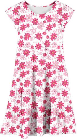 Dresses for Girls 10-12 Spring Summer Cute Crewneck Floral Dress Tween Beach Boho Graphic Short Sleeve Dress Kids in Saudi Arabia