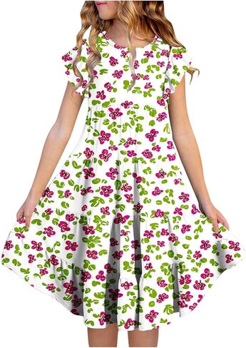 Dresses for Girls 10-12 Spring Summer Cute Crewneck Floral Dress Tween Beach Boho Graphic Short Sleeve Dress Kids in Saudi Arabia