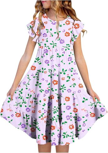 Dresses for Girls 10-12 Spring Summer Cute Crewneck Floral Dress Tween Beach Boho Graphic Short Sleeve Dress Kids in Saudi Arabia