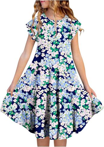 Dresses for Girls 10-12 Spring Summer Cute Crewneck Floral Dress Tween Beach Boho Graphic Short Sleeve Dress Kids in Saudi Arabia