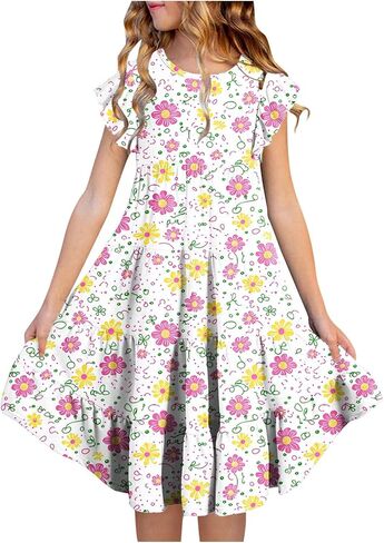 Dresses for Girls 10-12 Spring Summer Cute Crewneck Floral Dress Tween Beach Boho Graphic Short Sleeve Dress Kids in Saudi Arabia