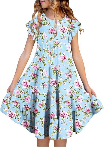Dresses for Girls 10-12 Spring Summer Cute Crewneck Floral Dress Tween Beach Boho Graphic Short Sleeve Dress Kids in Saudi Arabia