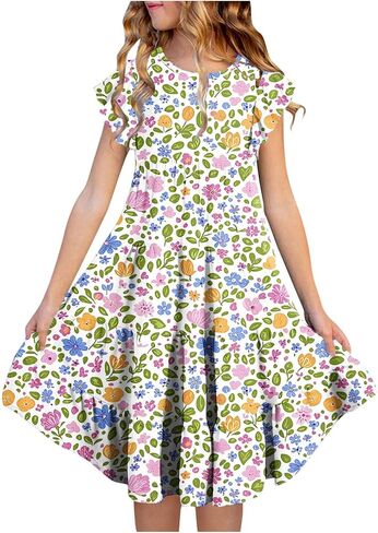 Dresses for Girls 10-12 Spring Summer Cute Crewneck Floral Dress Tween Beach Boho Graphic Short Sleeve Dress Kids in Saudi Arabia