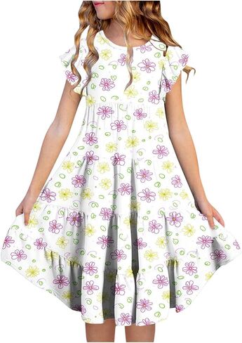 Dresses for Girls 10-12 Spring Summer Cute Crewneck Floral Dress Tween Beach Boho Graphic Short Sleeve Dress Kids in Saudi Arabia