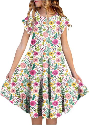 Dresses for Girls 10-12 Spring Summer Cute Crewneck Floral Dress Tween Beach Boho Graphic Short Sleeve Dress Kids in Saudi Arabia