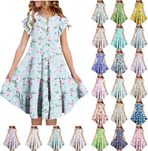 Dresses for Girls 10-12 Spring Summer Cute Crewneck Floral Dress Tween Beach Boho Graphic Short Sleeve Dress Kids in Saudi Arabia