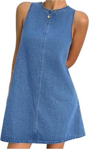 OYOANGLE Girl's Tie Up A Line Denim Dress Cute Crewneck Sleeveless Flared Short Dresses in Saudi Arabia