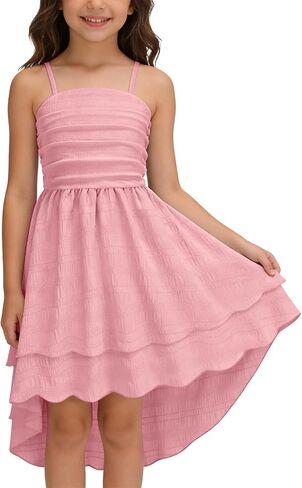Girls Dresses Smocked Ruched Flowy Cami Dress High Low Layered Semi Formal Summer Dress 6-12Y in Saudi Arabia