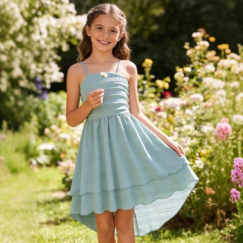 Girls Dresses Smocked Ruched Flowy Cami Dress High Low Layered Semi Formal Summer Dress 6-12Y in Saudi Arabia