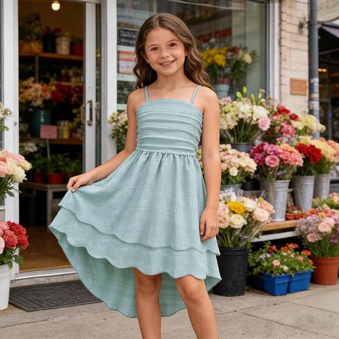 Girls Dresses Smocked Ruched Flowy Cami Dress High Low Layered Semi Formal Summer Dress 6-12Y in Saudi Arabia