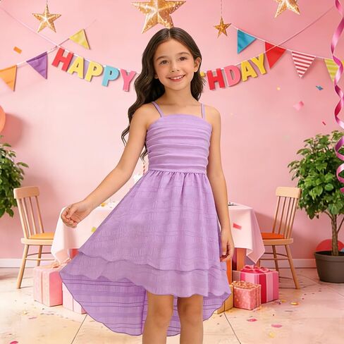 Girls Dresses Smocked Ruched Flowy Cami Dress High Low Layered Semi Formal Summer Dress 6-12Y in Saudi Arabia