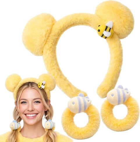 Yellow Bear Ears Headband Set, 3Pcs Fuzzy Plush Bear Ear Headbands for Adults, Cute Soft Yellow Bear Headband with Hair Ties for Costume, Halloween, Party, or Daily Wear in Saudi Arabia