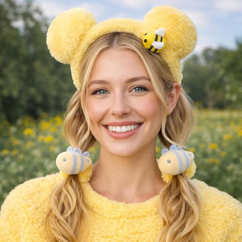 Yellow Bear Ears Headband Set, 3Pcs Fuzzy Plush Bear Ear Headbands for Adults, Cute Soft Yellow Bear Headband with Hair Ties for Costume, Halloween, Party, or Daily Wear in Saudi Arabia