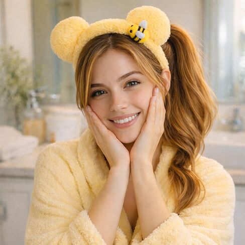 Yellow Bear Ears Headband Set, 3Pcs Fuzzy Plush Bear Ear Headbands for Adults, Cute Soft Yellow Bear Headband with Hair Ties for Costume, Halloween, Party, or Daily Wear in Saudi Arabia