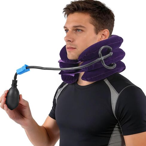Cervical Neck & Vertebra Traction Device for Neck Pain Relief, Adjustable Inflatable Neck Stretcher Neck Traction Pillow for Neck Tension Relief with Carrying Bag (Purple) in Kuwait