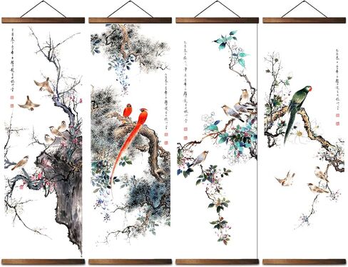 jszip Chinese Traditional Hand-Painted Bird and Flower Wall Art, Black Walnut Wood Scroll Frame, 35.5x12 Inch, 4 Panel Set, Asian Living Room Decor in Saudi Arabia