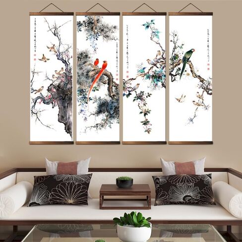 jszip Chinese Traditional Hand-Painted Bird and Flower Wall Art, Black Walnut Wood Scroll Frame, 35.5x12 Inch, 4 Panel Set, Asian Living Room Decor in Saudi Arabia