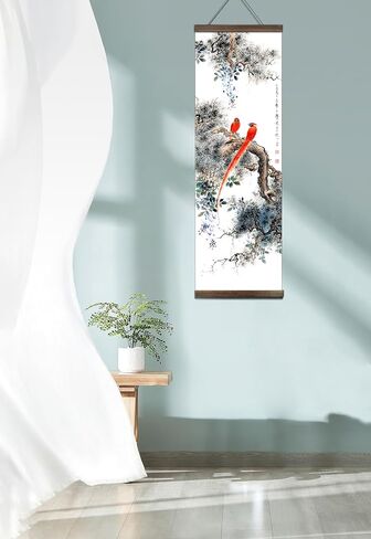 jszip Chinese Traditional Hand-Painted Bird and Flower Wall Art, Black Walnut Wood Scroll Frame, 35.5x12 Inch, 4 Panel Set, Asian Living Room Decor in Saudi Arabia