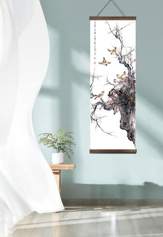 jszip Chinese Traditional Hand-Painted Bird and Flower Wall Art, Black Walnut Wood Scroll Frame, 35.5x12 Inch, 4 Panel Set, Asian Living Room Decor in Saudi Arabia