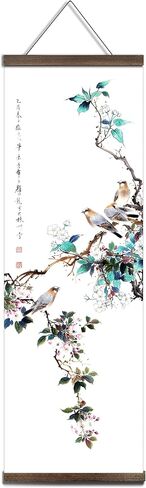 jszip Chinese Traditional Hand-Painted Bird and Flower Wall Art, Black Walnut Wood Scroll Frame, 35.5x12 Inch, 4 Panel Set, Asian Living Room Decor in Saudi Arabia